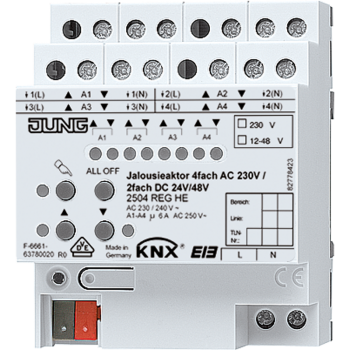 Jung 2504REGHE, KNX Jalousieaktor 4fach AC 110-230 V, 2fach DC 12-48 V