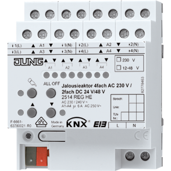 Jung 2514REGHE, KNX Jalousieaktor 4fach AC 110-230 V, 2fach DC 12-48 V, Behangkorrektur für untere Endlage