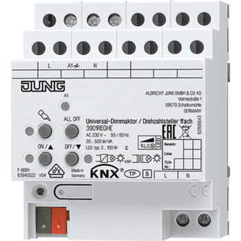 Jung 3901REGHE, KNX LED-Universal-Dimmaktor / Drehzahlsteller, 1fach, AC 110 ... 230 V ~, 50/60 Hz, 4 TE