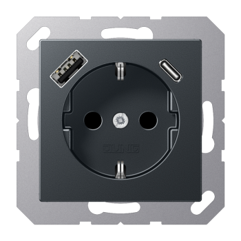Jung A1520-15CAANM, SCHUKO Steckdose 16 A 250 V ~, mit USB-Ladegerät 1 x Typ A + 1 x Typ C, integrierter erhöhter Berührungsschutz, SAFETY+, Serie A, anthrazit matt