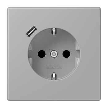 Jung LC1520-18C204, SCHUKO Steckdose 16 A 250 V ~, mit USB-Ladegerät 1 x Typ C, integrierter erhöhter Berührungsschutz, SAFETY+, Serie LS, gris moyen