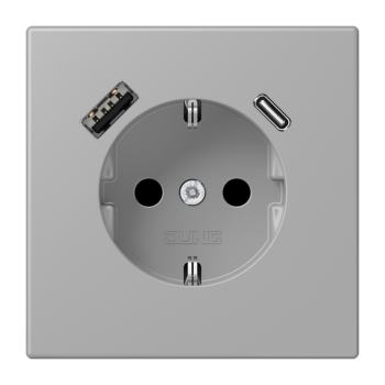 Jung LC1520-15CA204, SCHUKO Steckdose 16 A 250 V ~, mit USB-Ladegerät 1 x Typ A + 1 x Typ C, integrierter erhöhter Berührungsschutz, SAFETY+, Serie LS, gris moyen