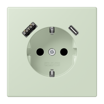 Jung LC1520-15CA218, SCHUKO Steckdose 16 A 250 V ~, mit USB-Ladegerät 1 x Typ A + 1 x Typ C, integrierter erhöhter Berührungsschutz, SAFETY+, Serie LS, vert anglâis pale