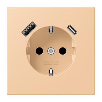 Jung LC1520-15CA237, SCHUKO Steckdose 16 A 250 V ~, mit USB-Ladegerät 1 x Typ A + 1 x Typ C, integrierter erhöhter Berührungsschutz, SAFETY+, Serie LS, terre sienne claire