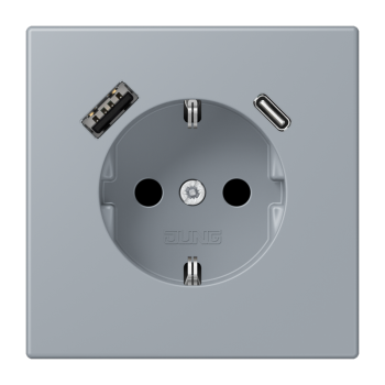 Jung LC1520-15CA257, SCHUKO Steckdose 16 A 250 V ~, mit USB-Ladegerät 1 x Typ A + 1 x Typ C, integrierter erhöhter Berührungsschutz, SAFETY+, Serie LS, gris clair 59