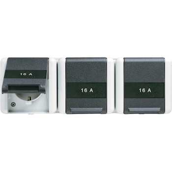 Jung 8230NAW, SCHUKO®-Dreifach-Steckdose, 5 Leitungseinführungen, 3 Schriftfelder 22 x 48 mm, 16 A 250 V ~, mit Schriftfeld, Klappdeckel, waagerecht, IP 44, WG 800 Jung 8230NAW, SCHUKO®-Dreifach-Steckdose, 5 Leitungseinführungen, 3 Schriftfelder 22 x 48 mm, 16 A 250 V ~, mit Schriftfeld, Klappdeckel, waagerecht, IP 44, WG 800