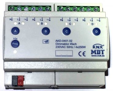 MDT AKD-0401.02,Dimmaktor 4-fach, 6TE REG, 250 W, 230 V AC mit Wirkleistungsmessung