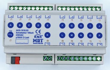 MDT AKS-1616.03,Schaltaktor 16-fach, 8TE, REG, 16 A, 230 V AC, C-Last, Standard, 140 µF