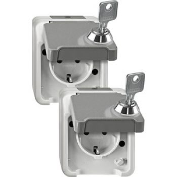 Merten MEG2424-8029,SCHUKO-Steckdose, abschließbar mit 2 gleichen Schließungen 2er-Set, lichtgrau, AQUASTAR