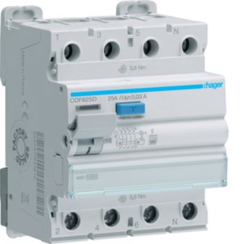 Hager CDF625D 4P 10kA 25A 30mA Typ F Fehlerstromschutzschalter (CDF625D)