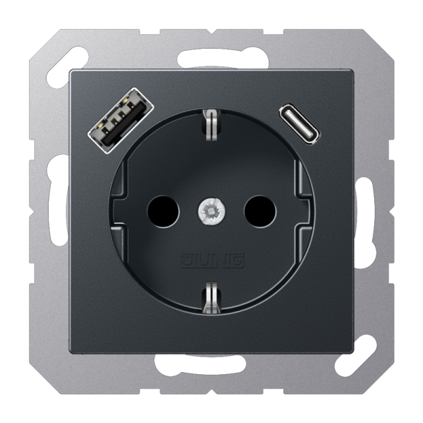 Jung A1520-15CAANM, SCHUKO Steckdose 16 A 250 V ~, mit USB-Ladegerät 1 x Typ A + 1 x Typ C, integrierter erhöhter Berührungsschutz, SAFETY+, Serie A, anthrazit matt
